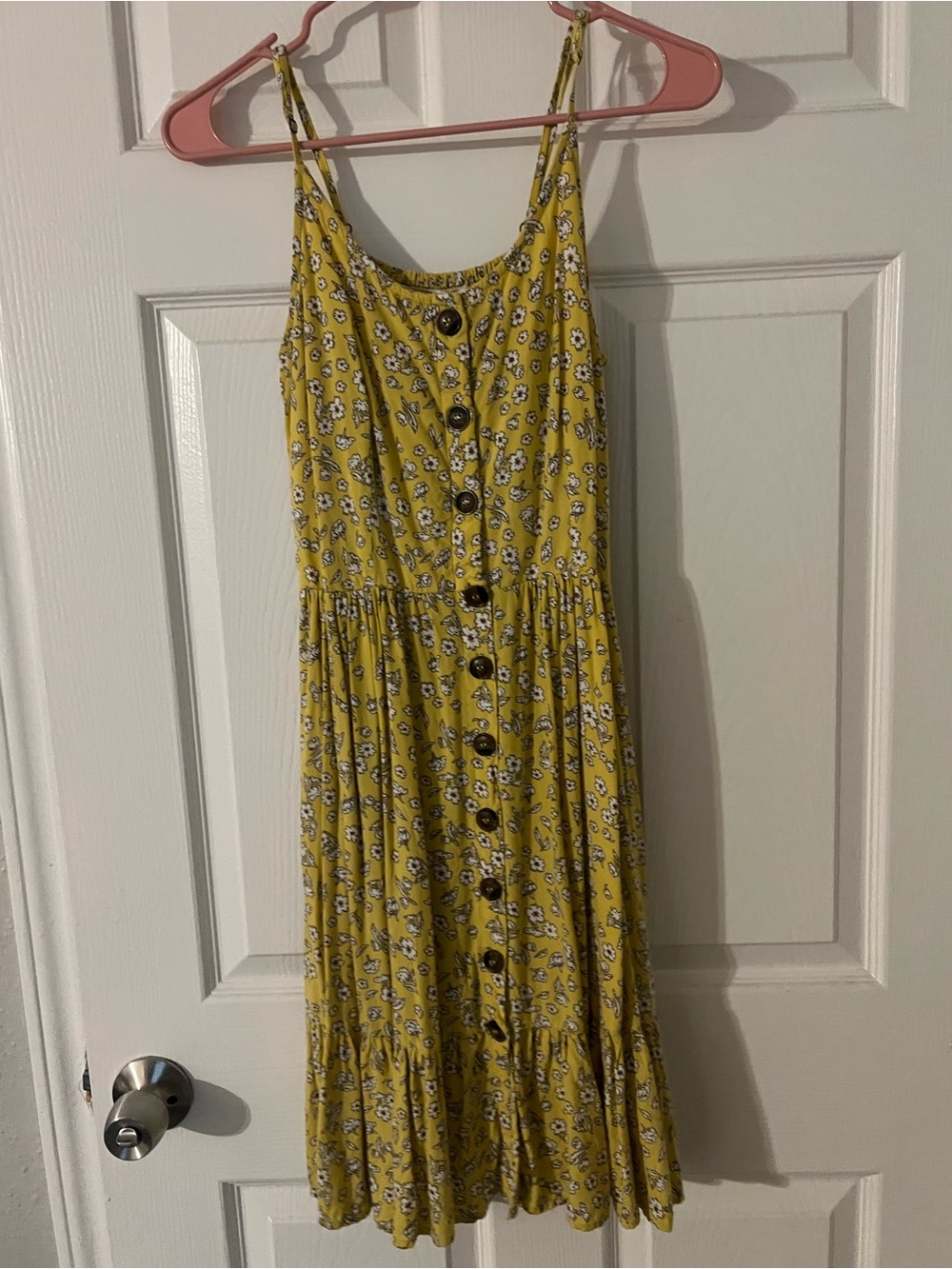 Yellow Floral Button-Front Spaghetti Strap Midi Dress